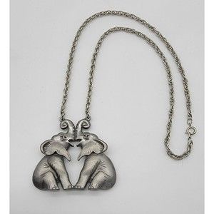 Vintage Pewter Two Elephant Trunk Up Big Pendant Silver Tone Necklace